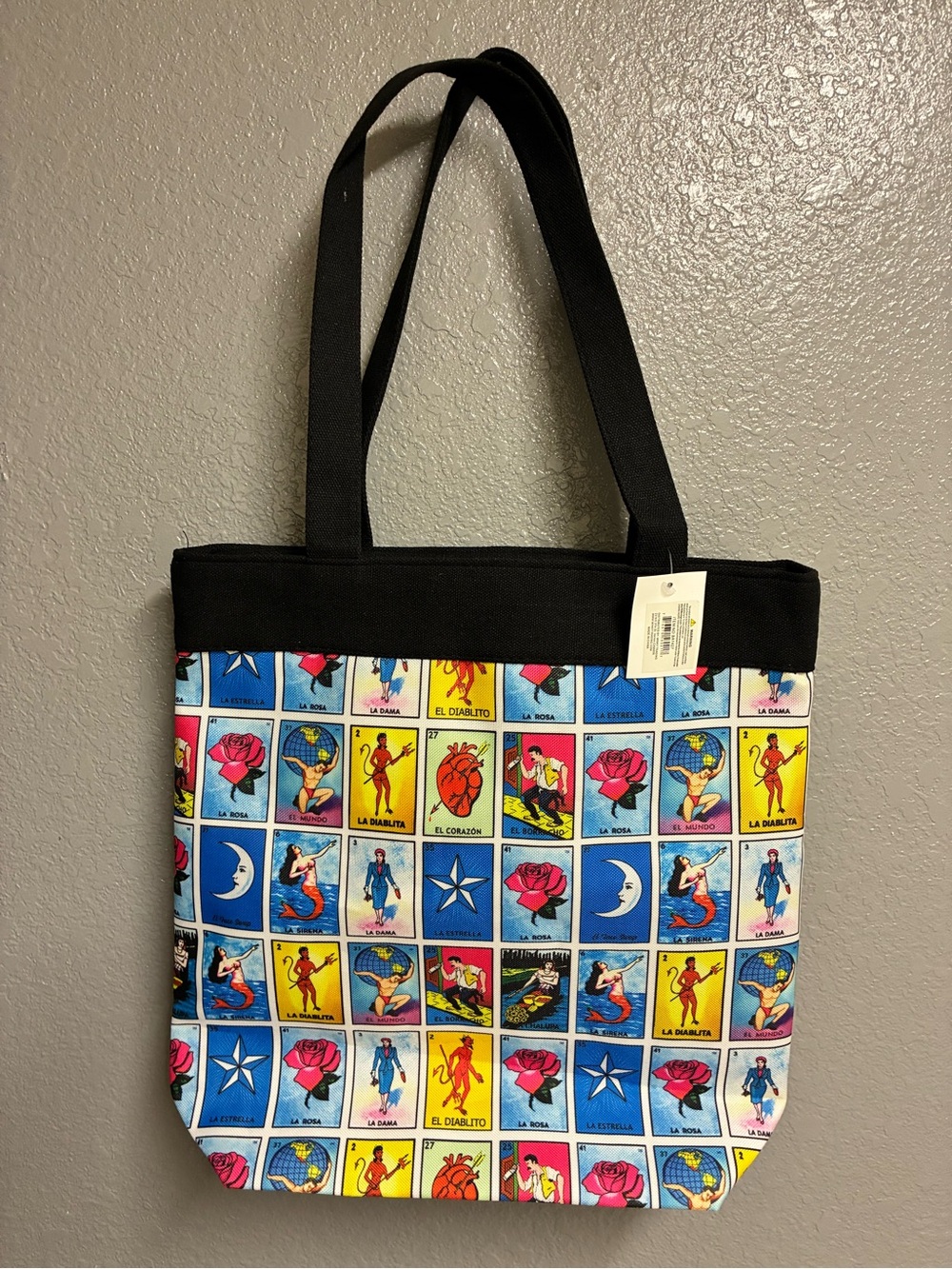 Black Multi-Color Lotería Print Tote Bag